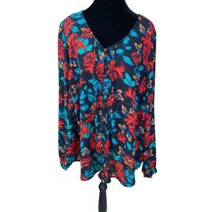 Torrid Black V Neck Floral Polyester Blouse‎ Size 1 Plus Long Sleeve Women's